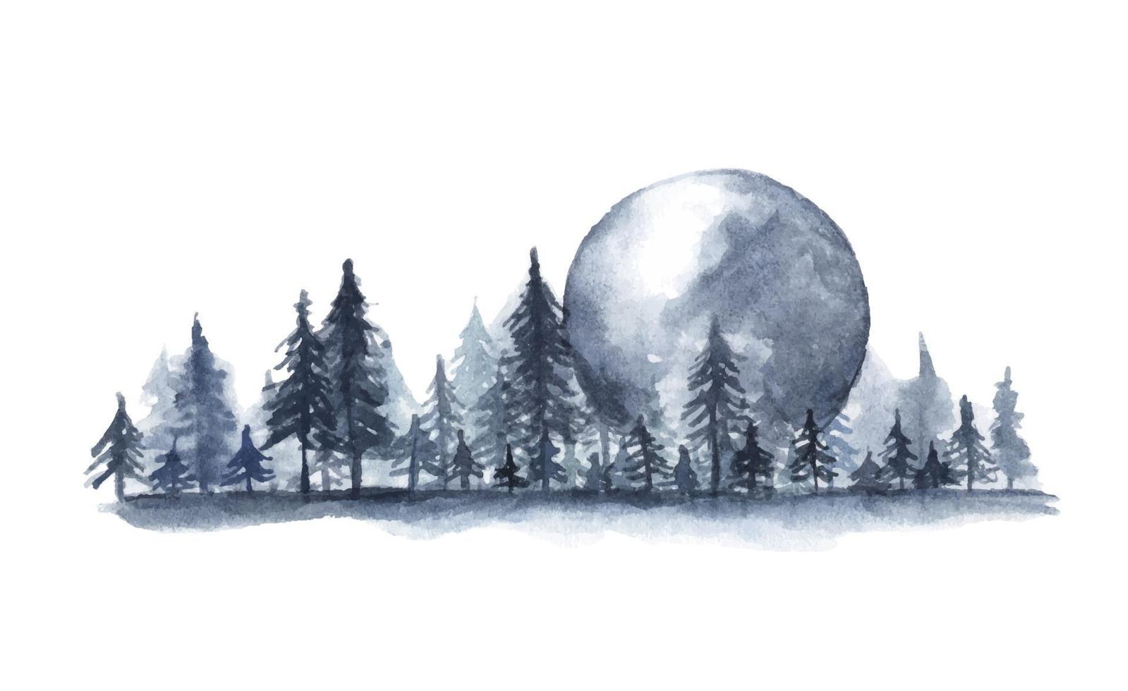 paisaje de bosque de niebla, luna llena. Ilustración acuarela. vector