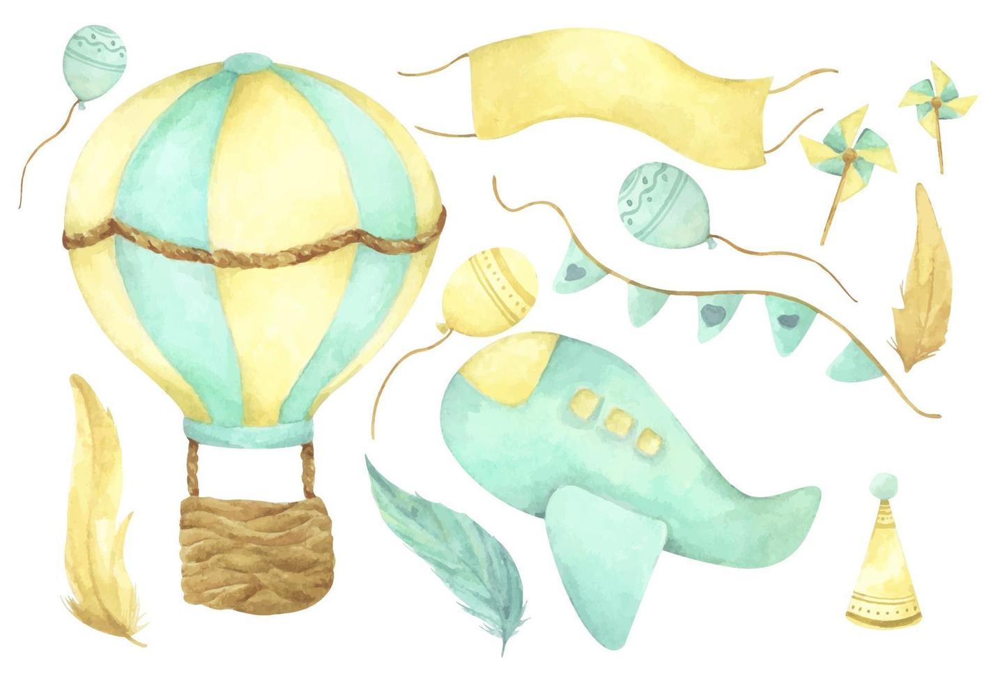 Watercolor flying set. Air balloon, airplane, balloon and feather. vector