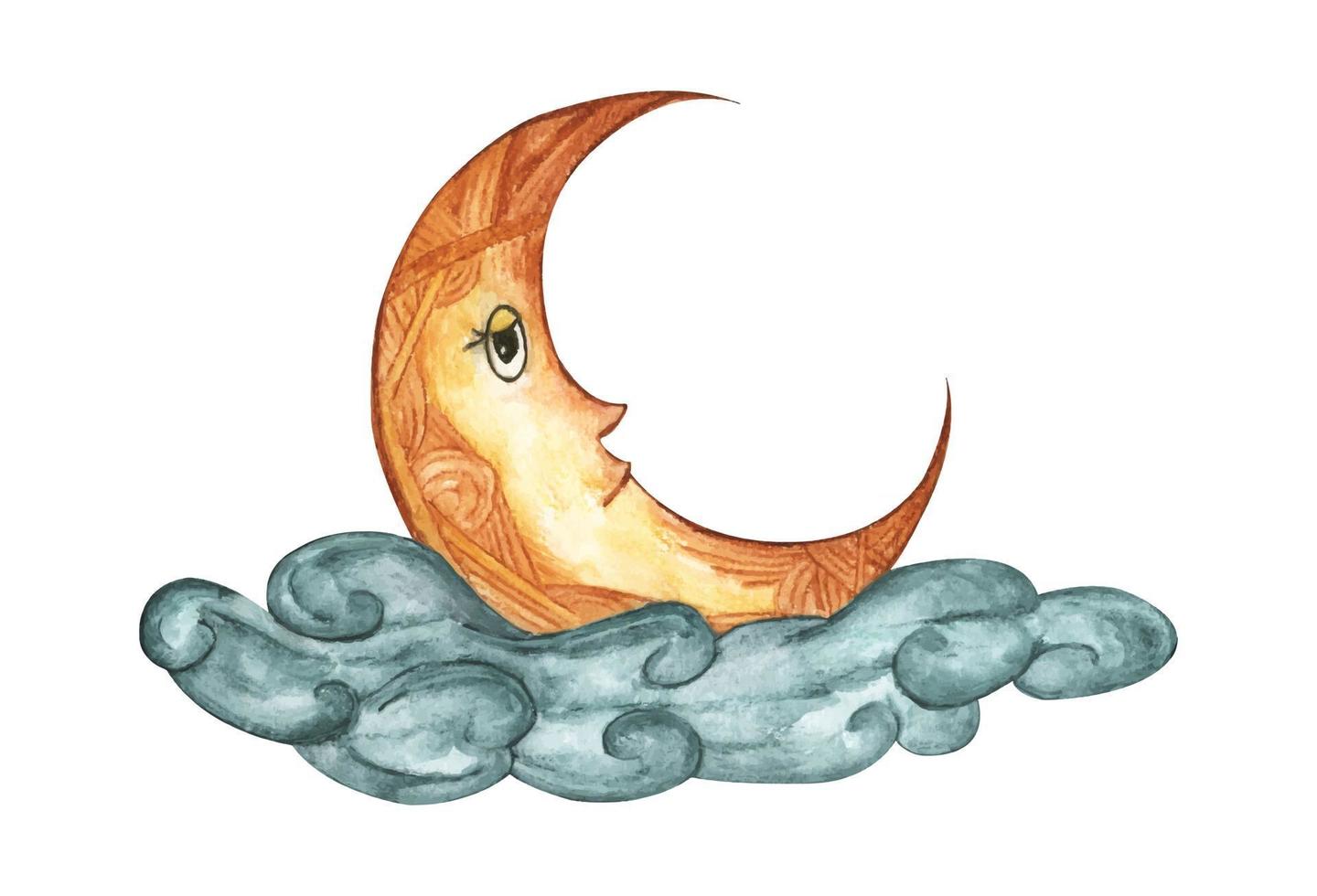 The moon in the cloud. Watercolor illustration. vector