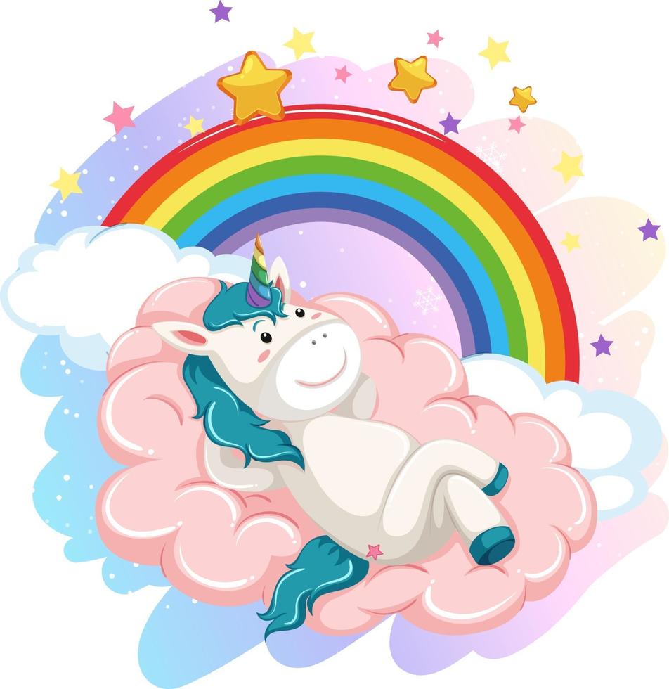 lindo unicornio en el cielo pastel con arcoiris vector