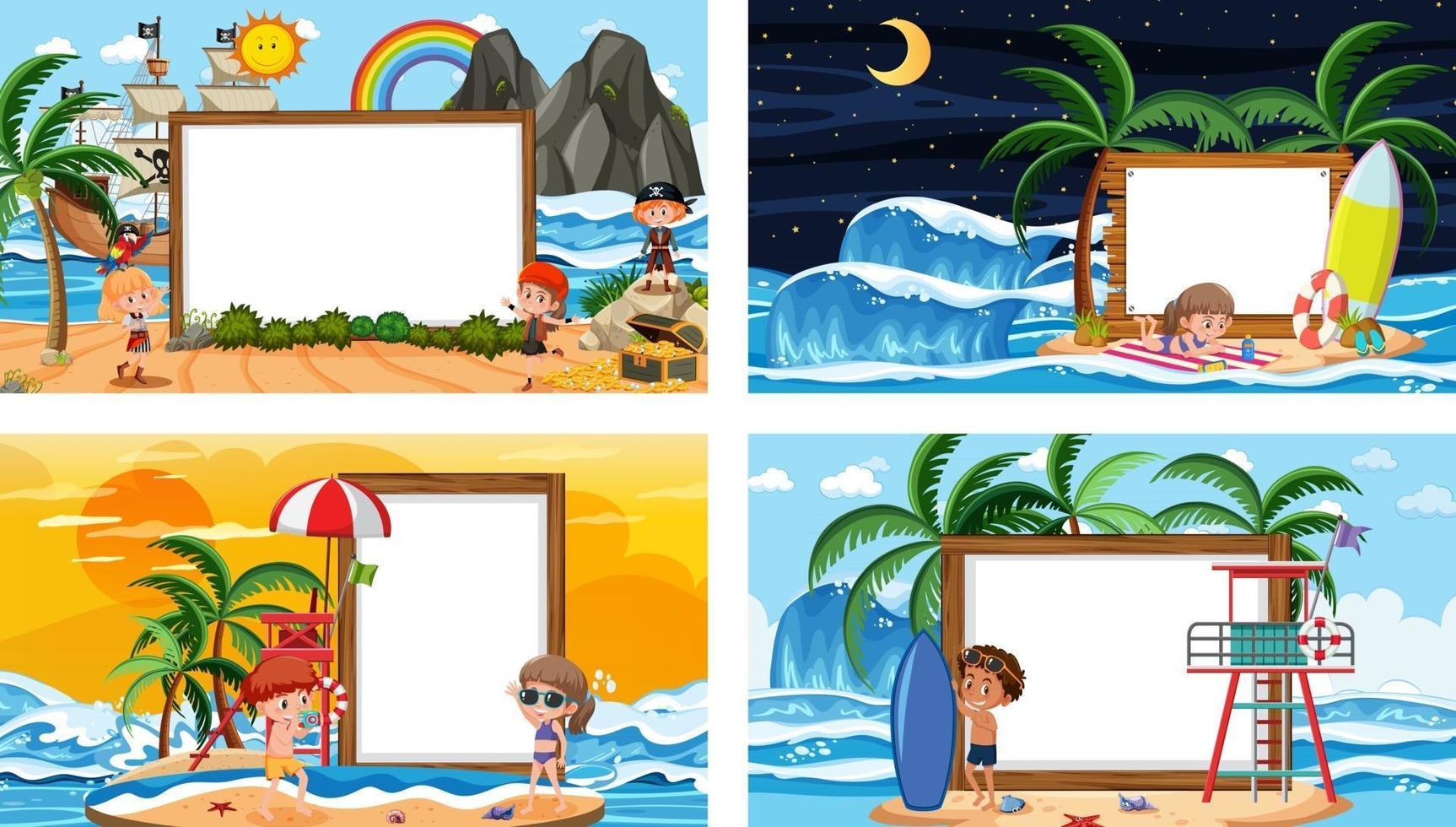 Set of different tropical beach scenes with blank banner vector