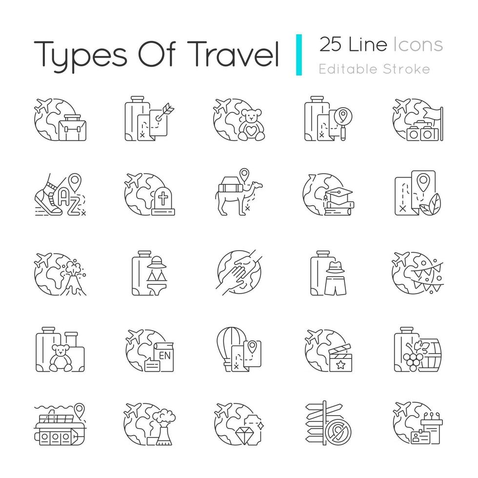 tipos de viajes conjunto de iconos lineales vector