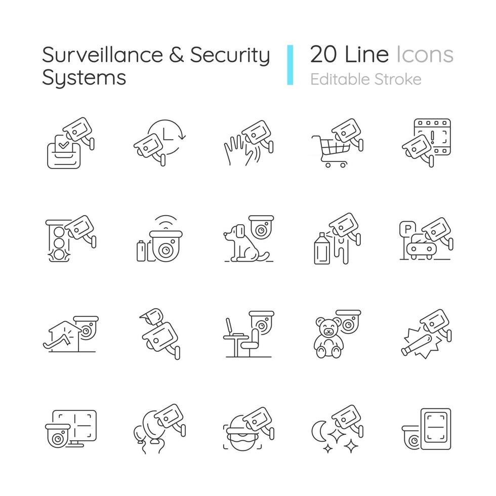 Conjunto de iconos lineales de sistemas de vigilancia y seguridad. vector