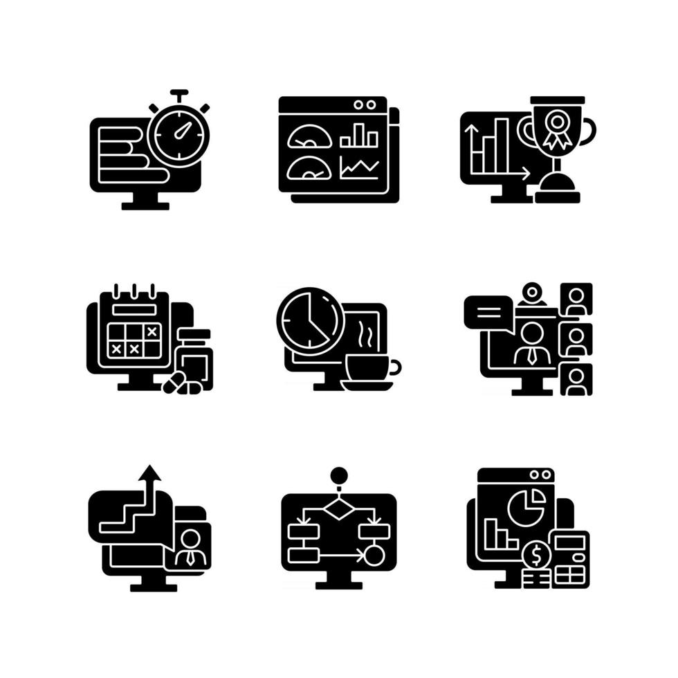 Online work monitoring black glyph icons set on white space vector