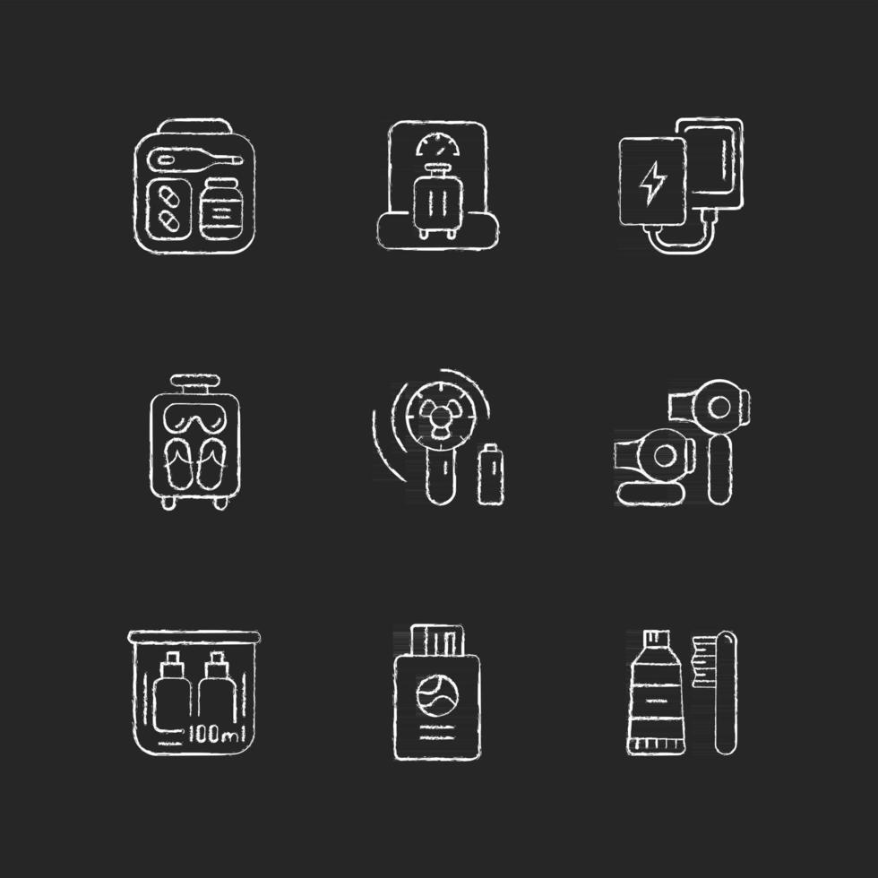 Airplane passenger travelling things chalk white icons set vector
