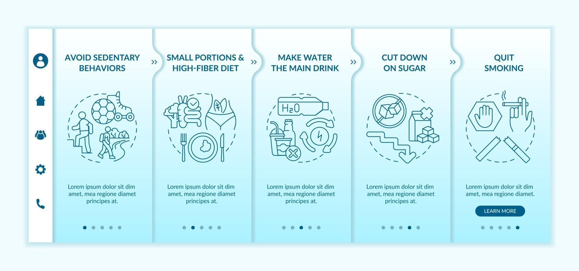 Diabetes treatment tips onboarding vector template