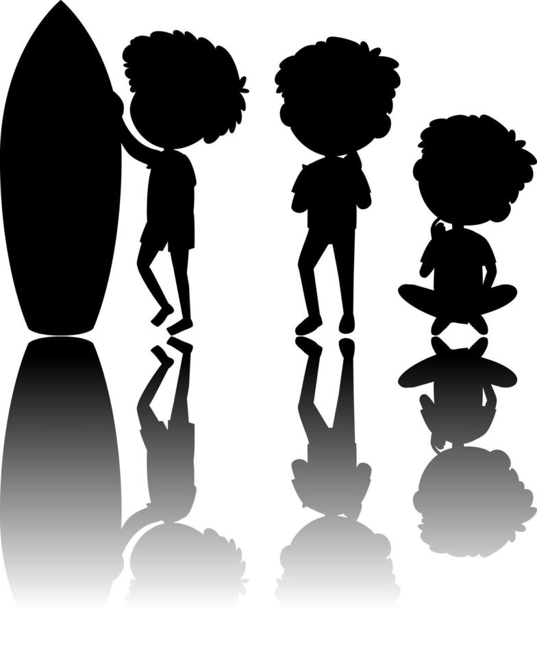 Conjunto de silueta de niños con reflejos sobre fondo blanco. vector