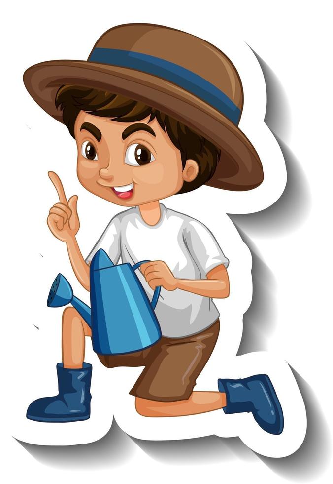 A sticker template with a cute boy holding watering can vector