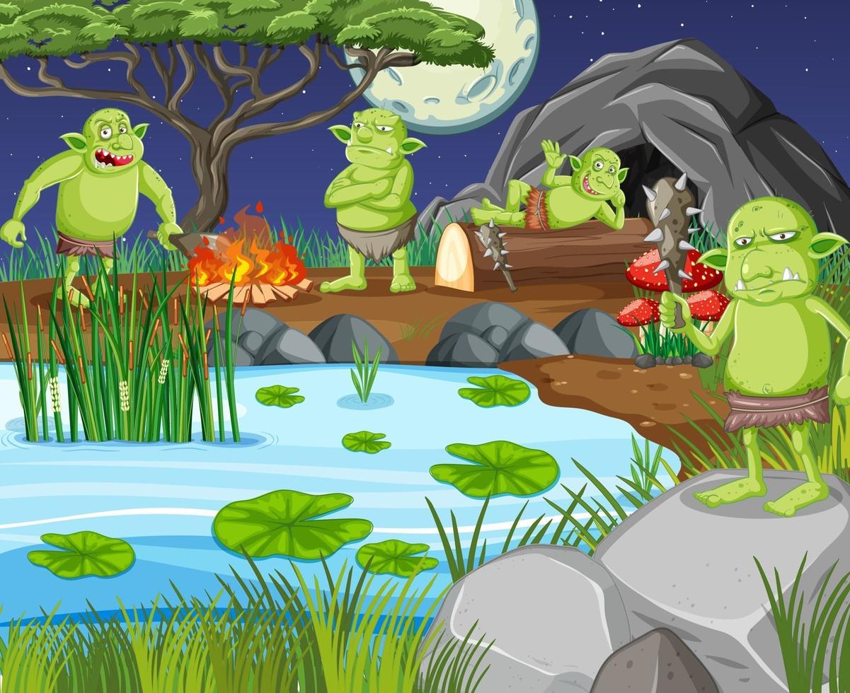 Night scene with goblin or troll cartoon character vector