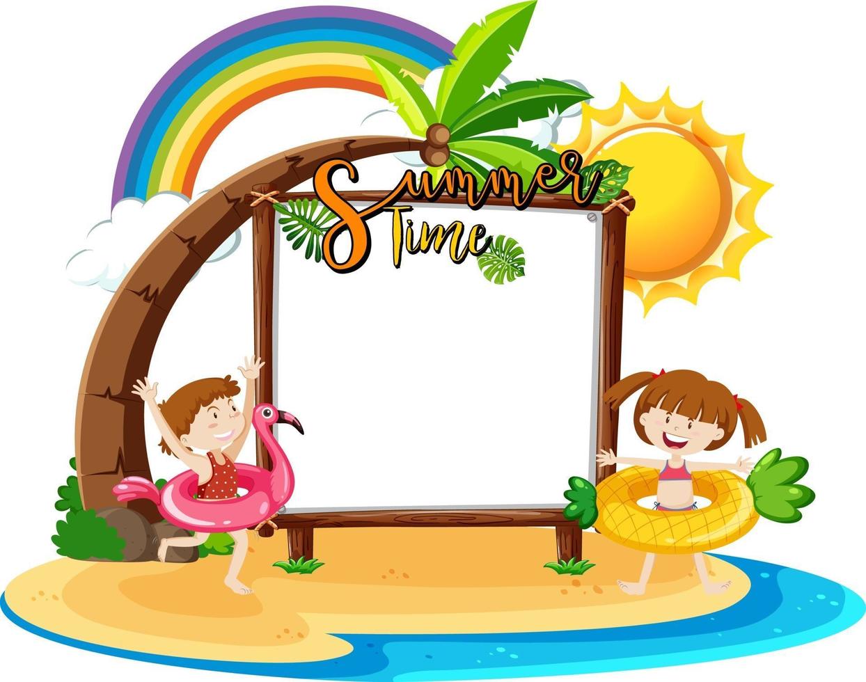 Empty banner board with children on the beach isolated vector