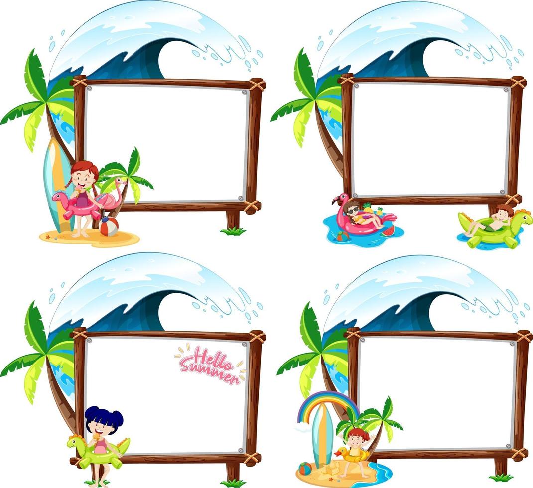 Tema de playa de verano con banner en blanco aislado sobre fondo blanco. vector