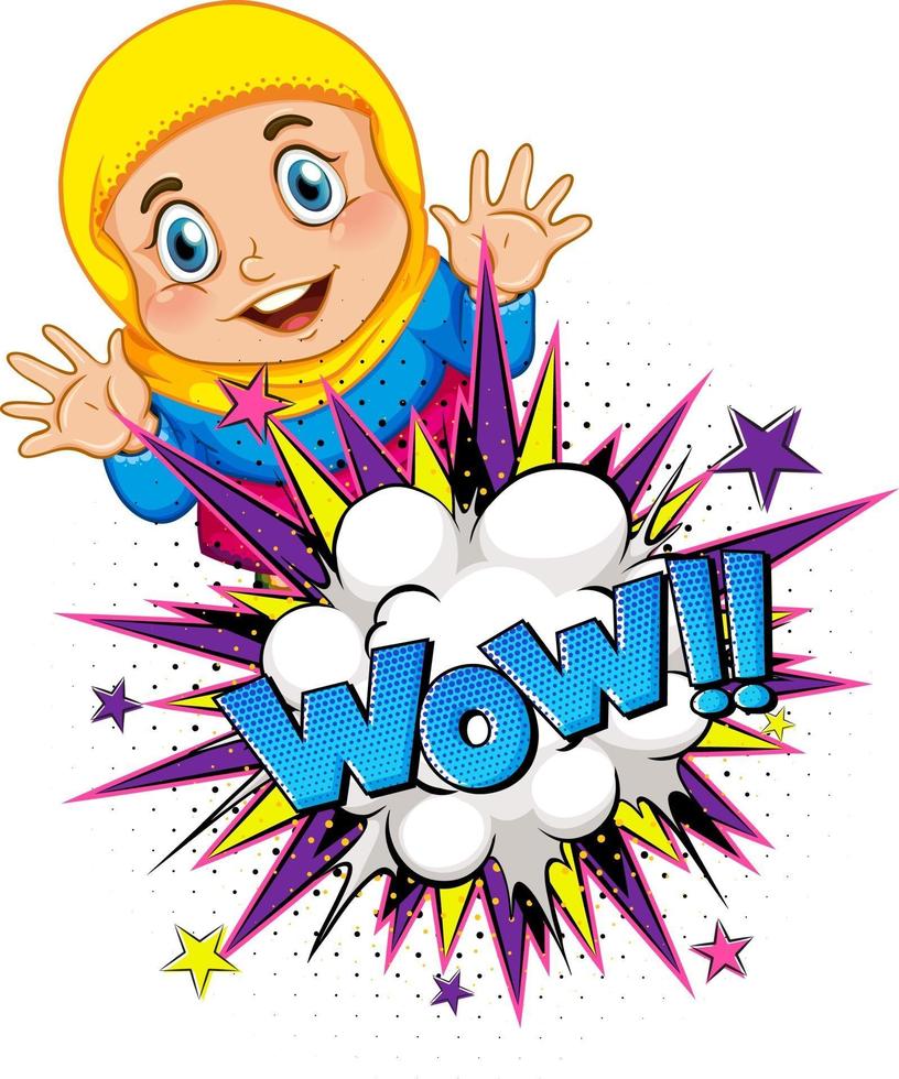 WOW word on bomb explosion with muslim girl cartoon character isolated vector