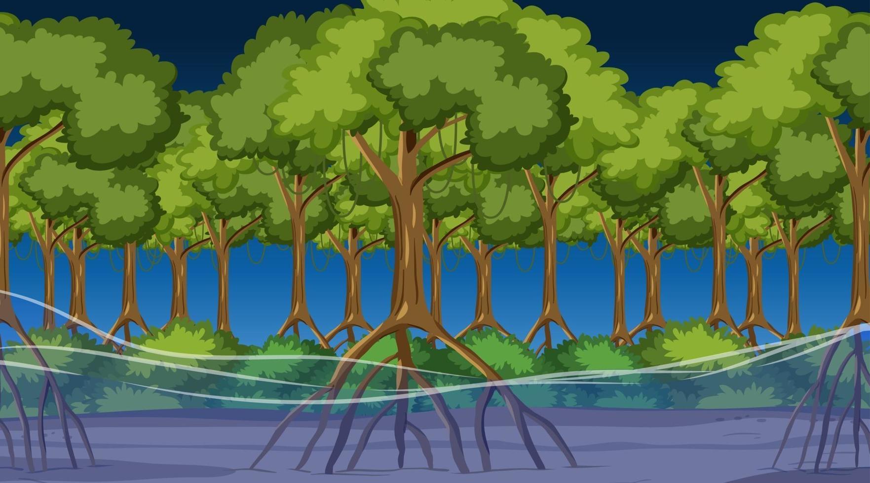 escena de la naturaleza con bosque de manglares en la noche en estilo de dibujos animados vector