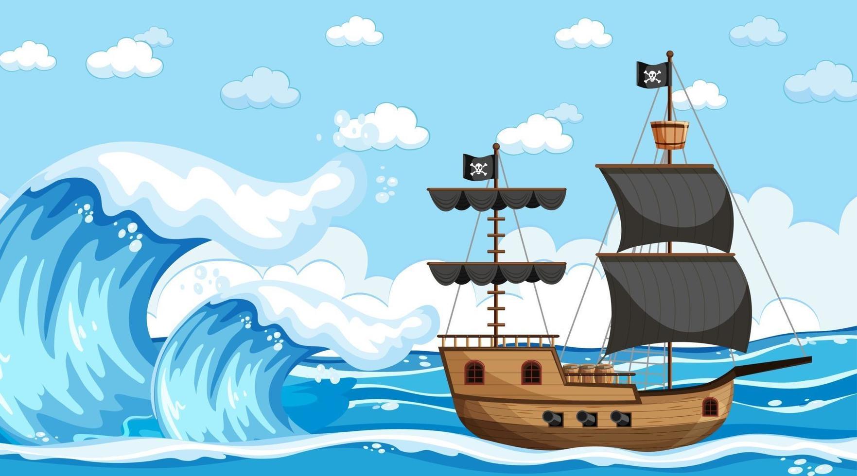 Ocean with Pirate ship at day time scene in cartoon style vector