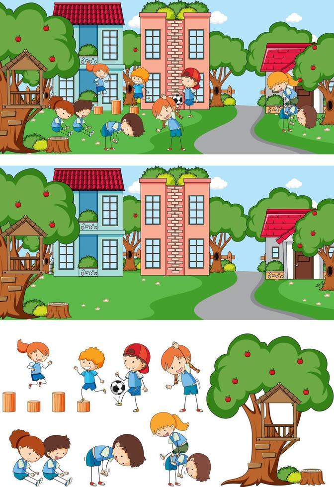 Park scene set with many kids doodle cartoon character isolated vector