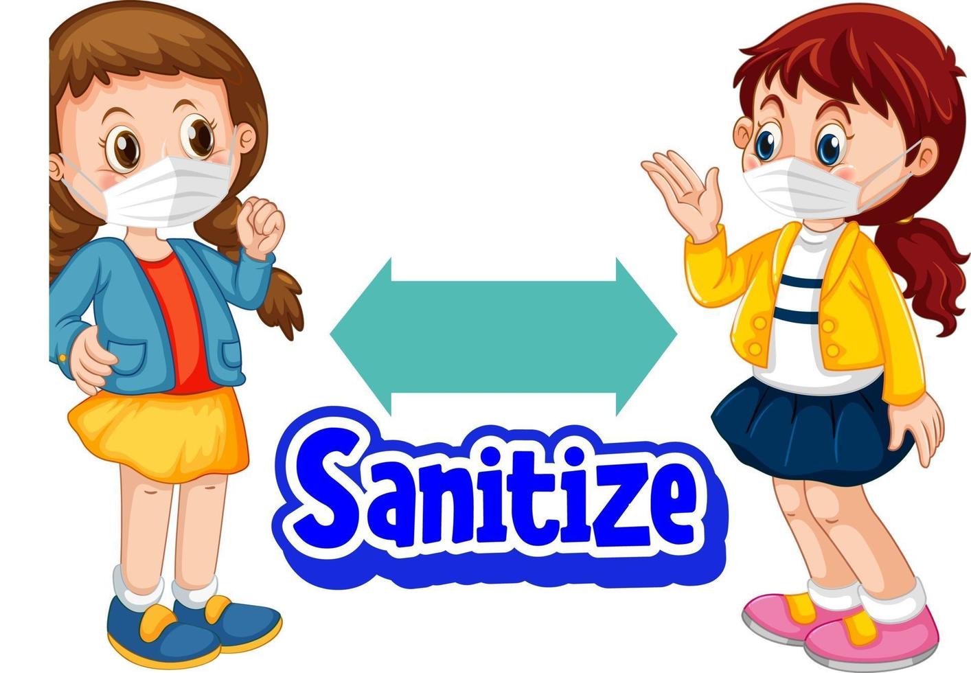 Sanitize font with two kids keeping social distance isolated vector