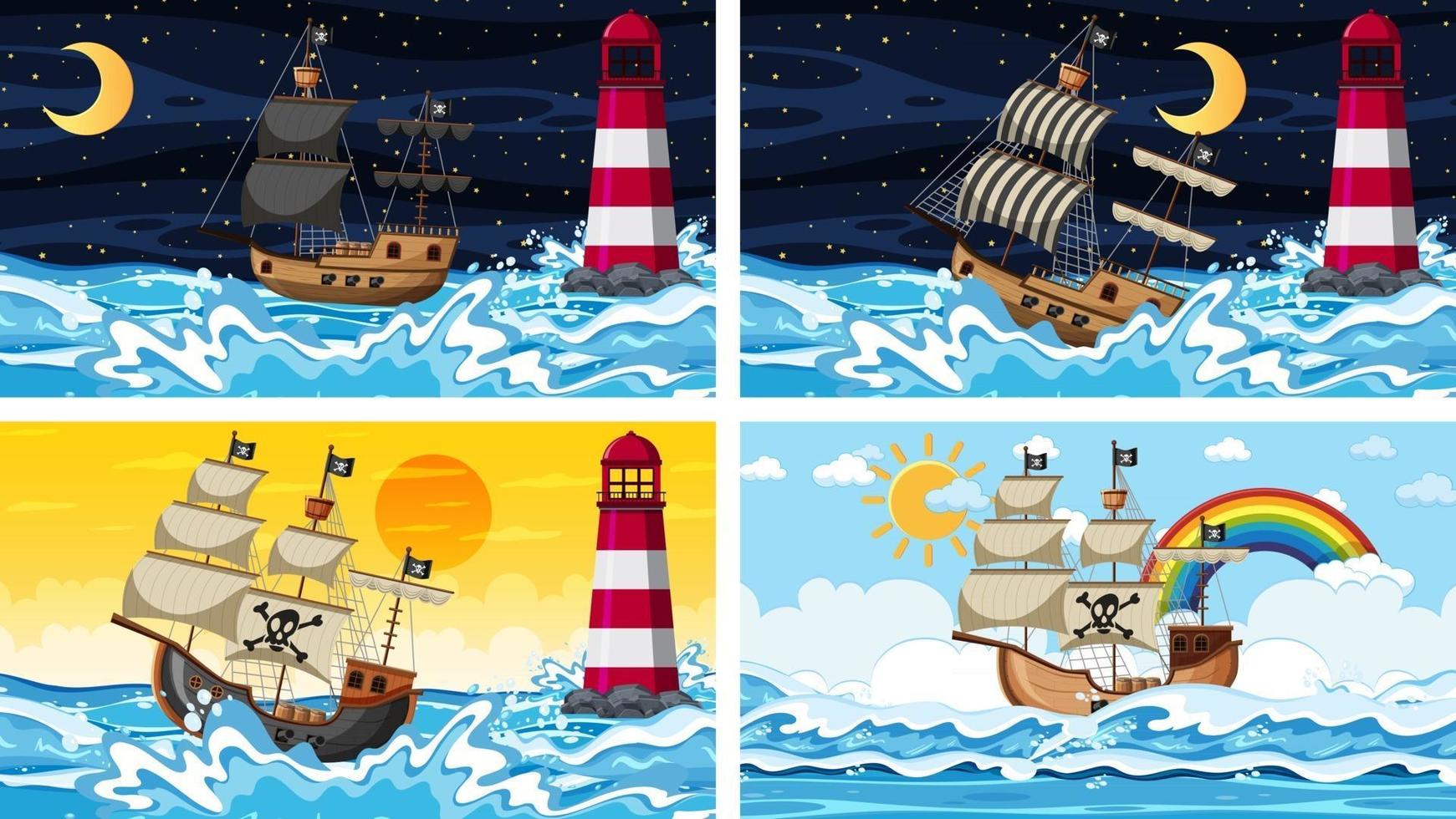 Set of Ocean with Pirate ship at different times scenes vector