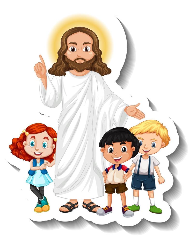 Jesucristo con el grupo de niños pegatina sobre fondo blanco. vector