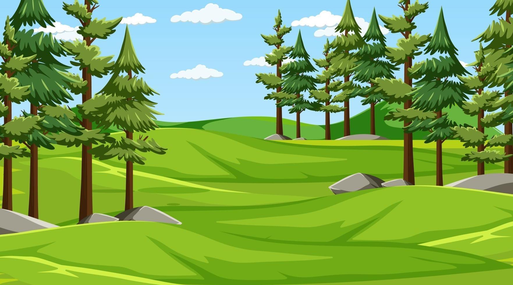 Escena de paisaje de pradera en blanco con muchos pinos vector