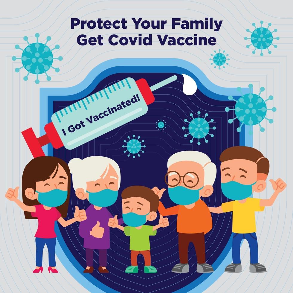 Cartoon family take covid19 vaccine to protect against covid19 vector