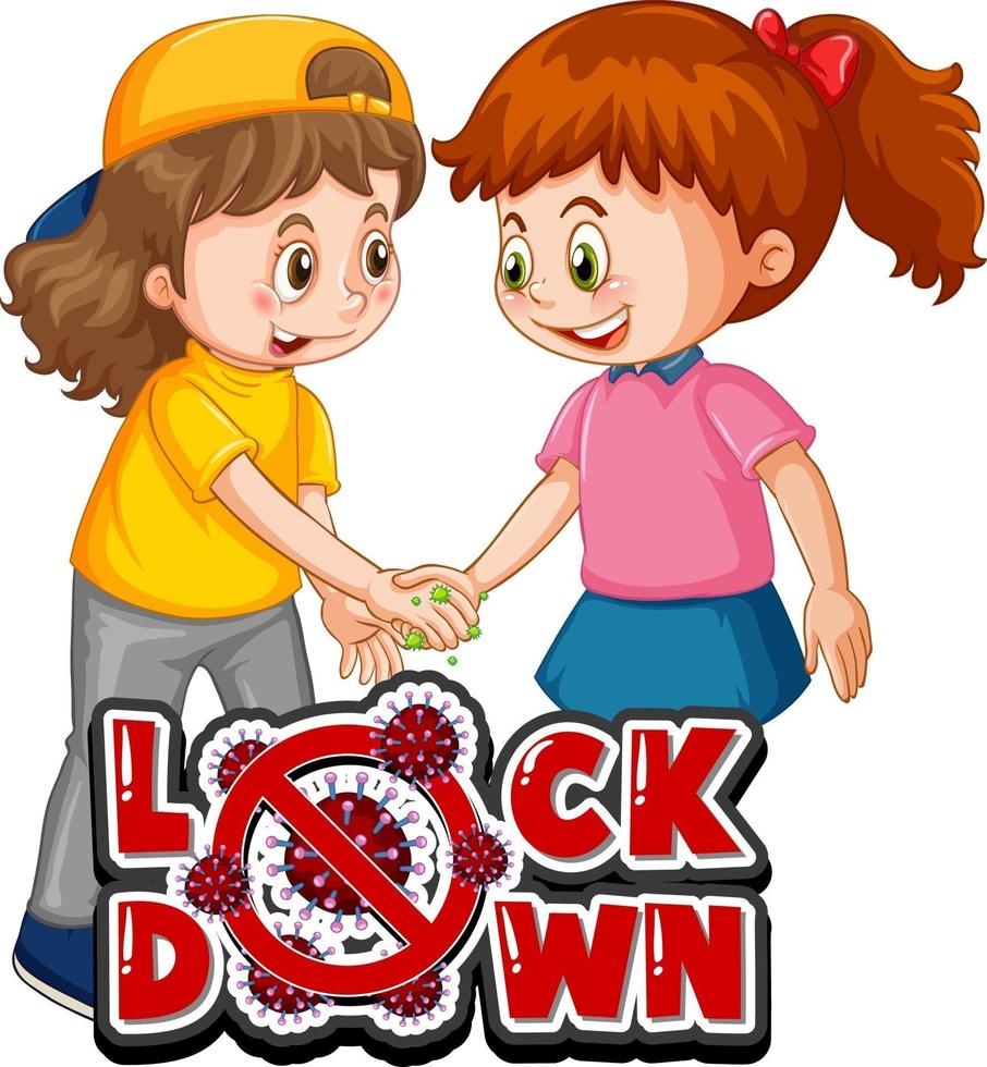 Lock Down font in with two kids do not keep social distance isolated vector