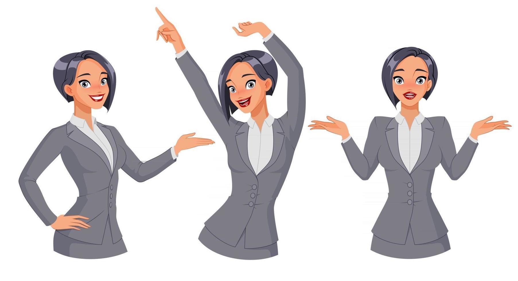 Pretty businesswoman showing dancing shrugging vector set