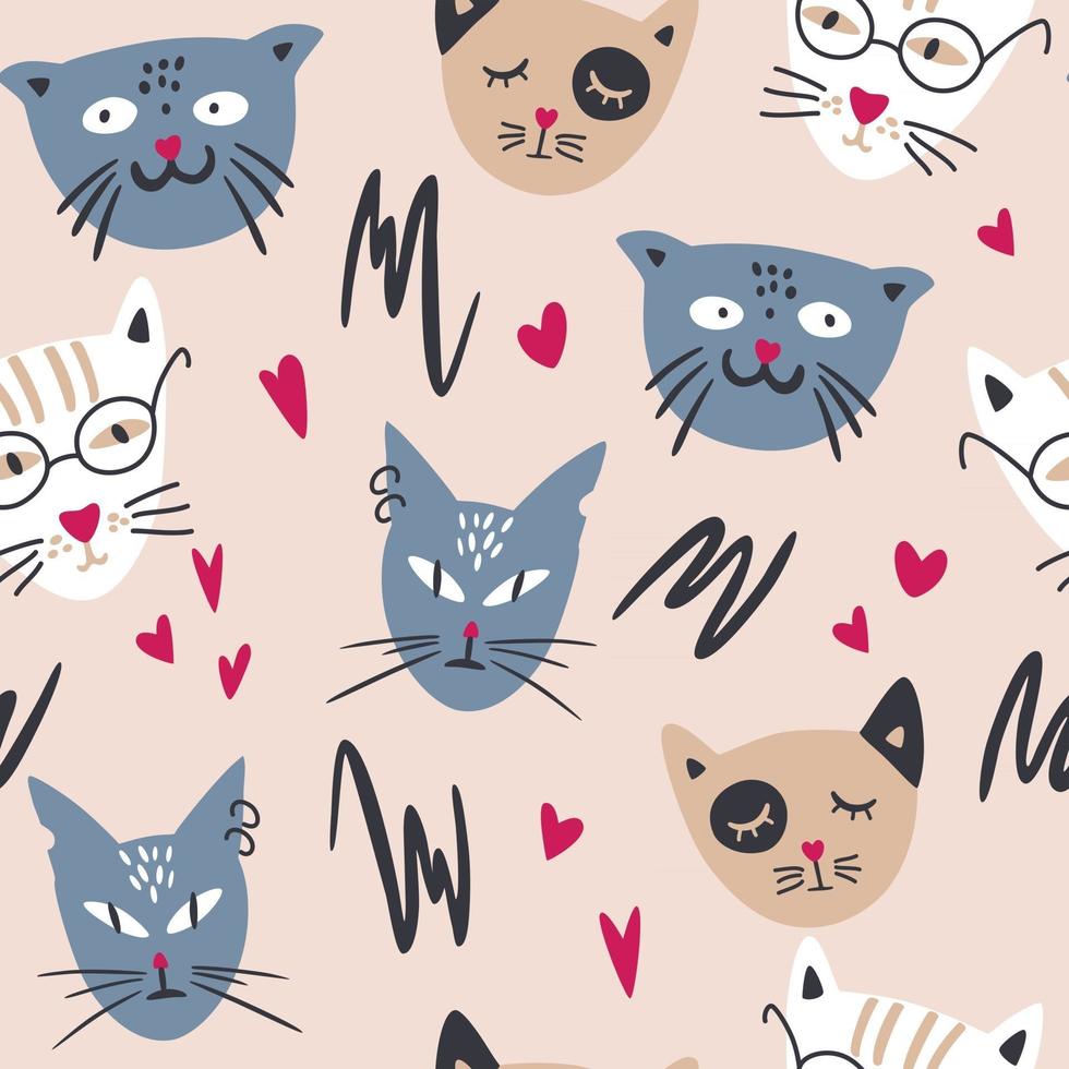 Seamless pattern with cute cats. Hand drawn difference cats faces vector