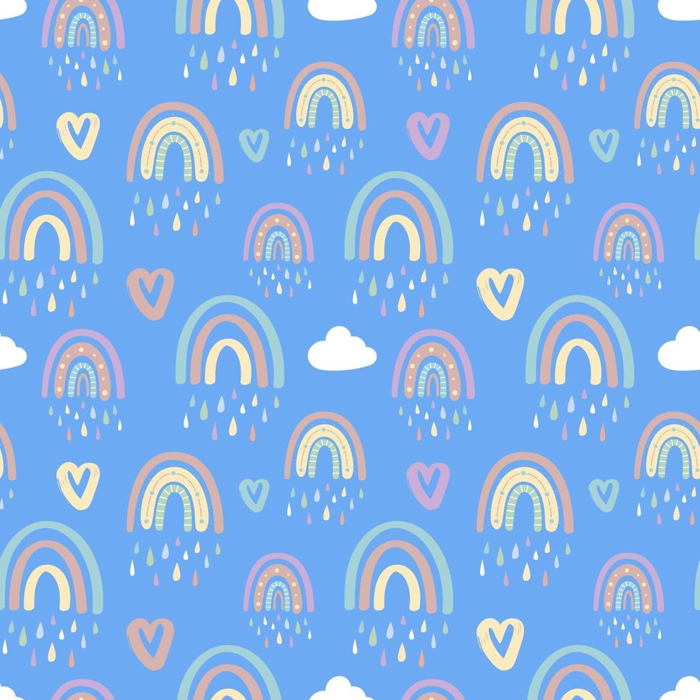 seamless pattern with rainbows and clouds with raindrops vector