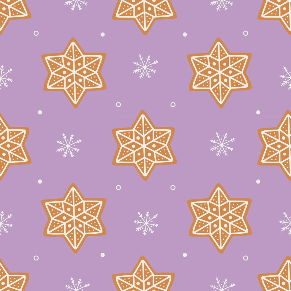 Seamless pattern of gingerbread cookies and small white snowflakes vector