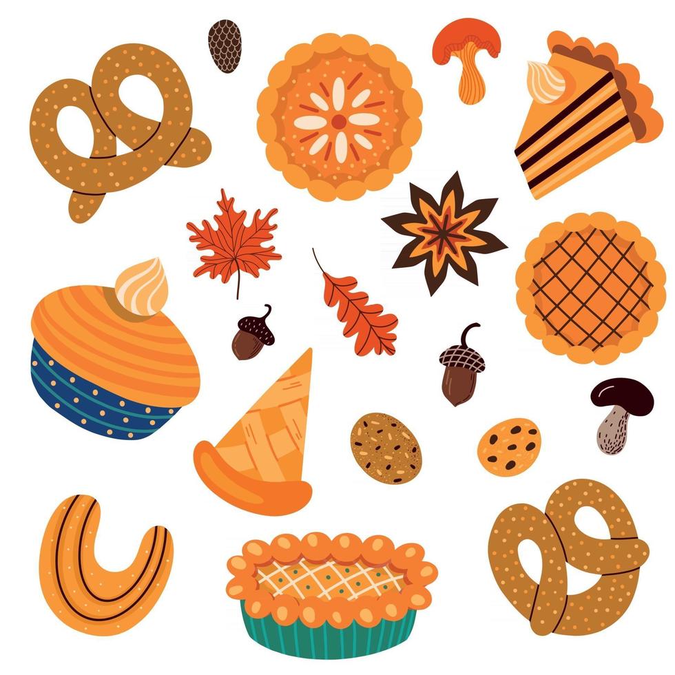 set of of various types of autumnal sweet with leaves and mushrooms vector