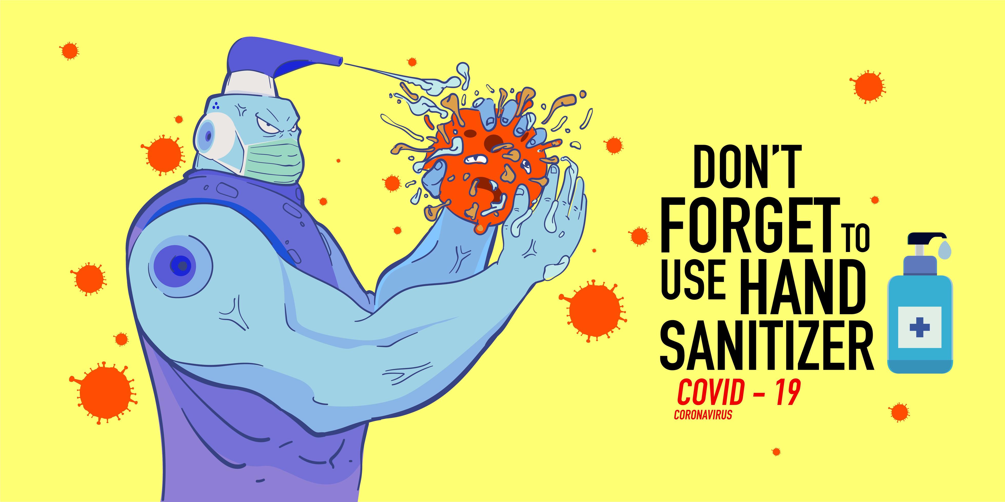 Cartoon Illustration of hand sanitizer superhero attack corona virus