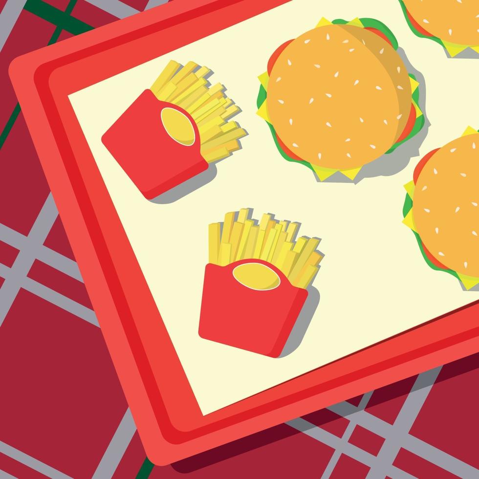 Fast food lying on a tray, checkered tablecloth - Vector