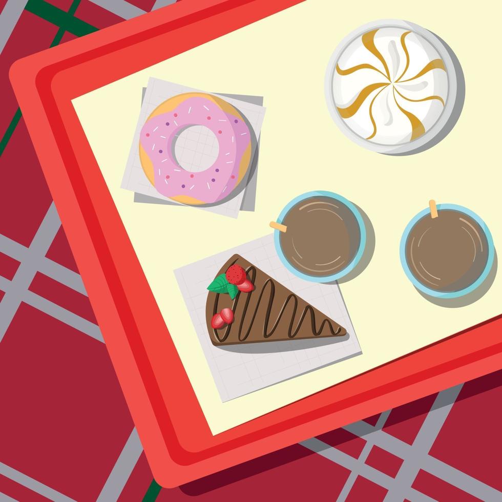 Set of sweets lying on a tray, checkered tablecloth - Vector