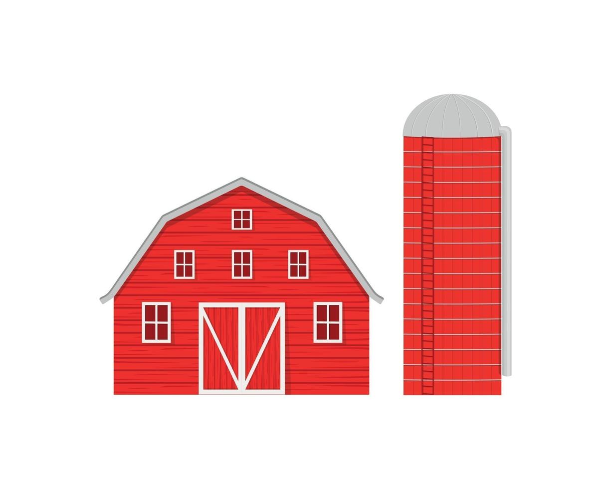 Red wooden barn and agricultural silo for grain storage vector