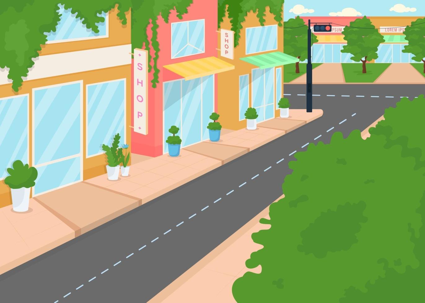 Summer city street flat color vector illustration