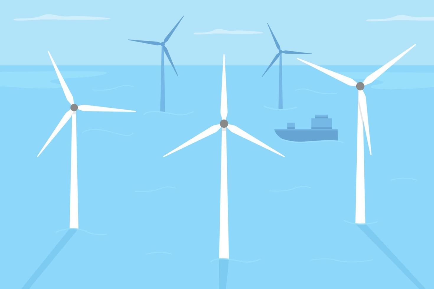 Wind farm locating in shallow water flat color vector illustration