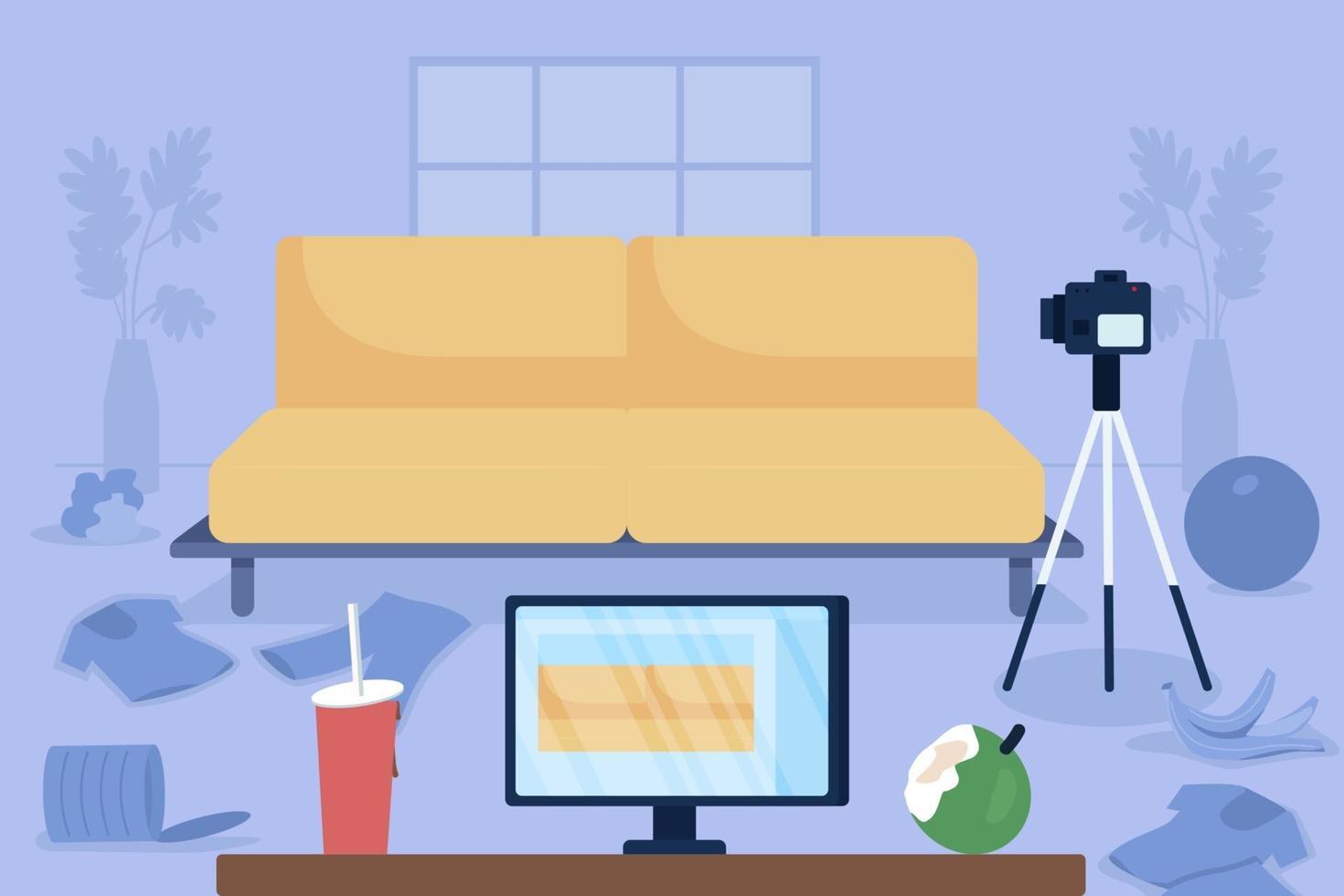 Messy vlogger living room flat color vector illustration