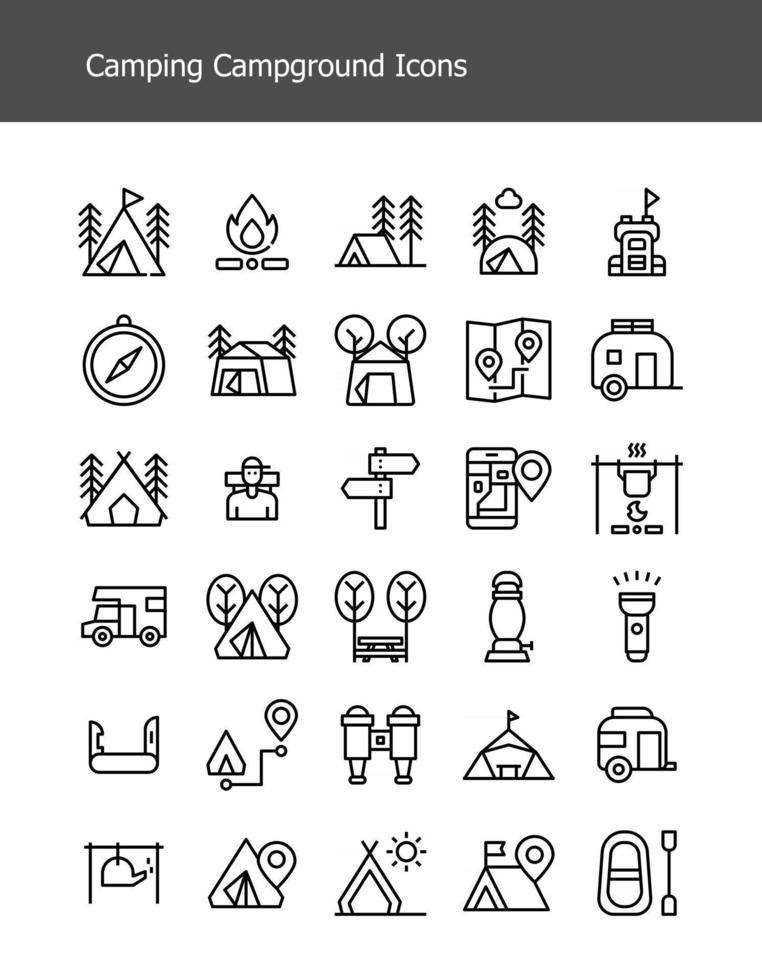 simple line camping gear campground icons pack vector