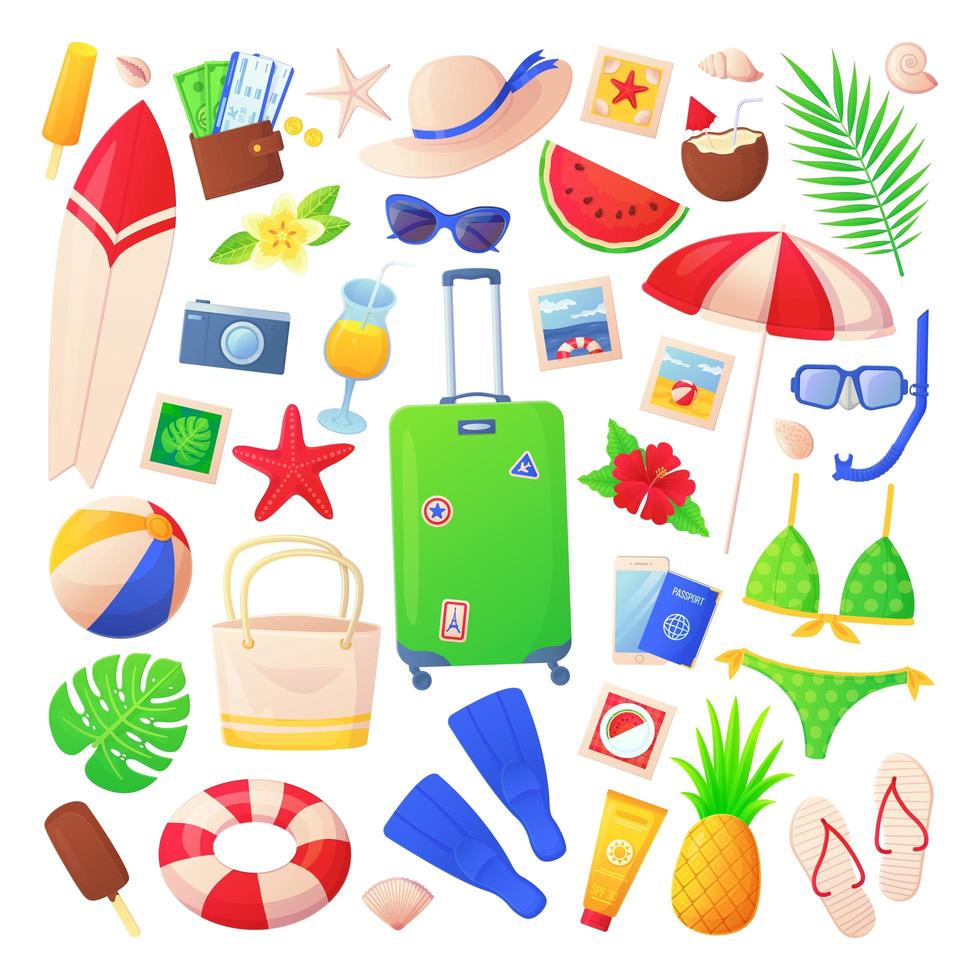 Set of summer colourful elements. Beach vacations, sea travel concept vector