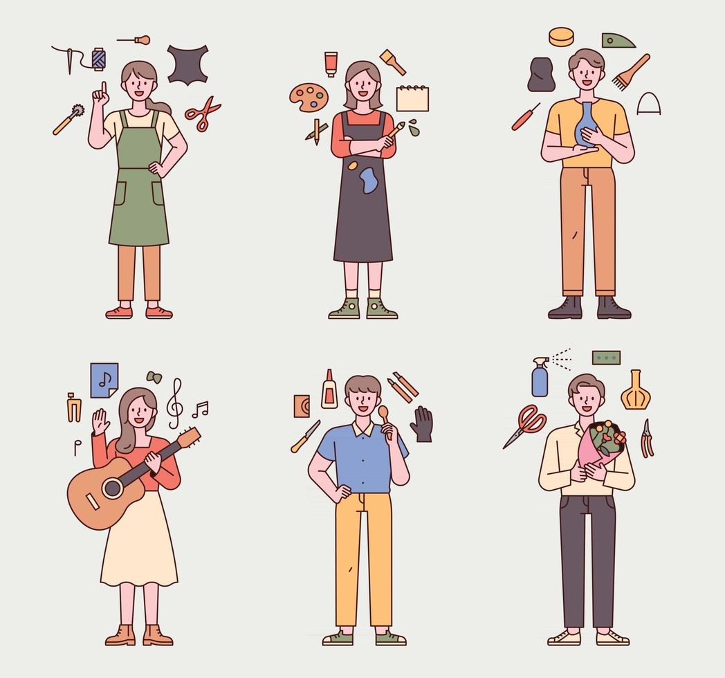 People are standing with hobby items in their hands. vector