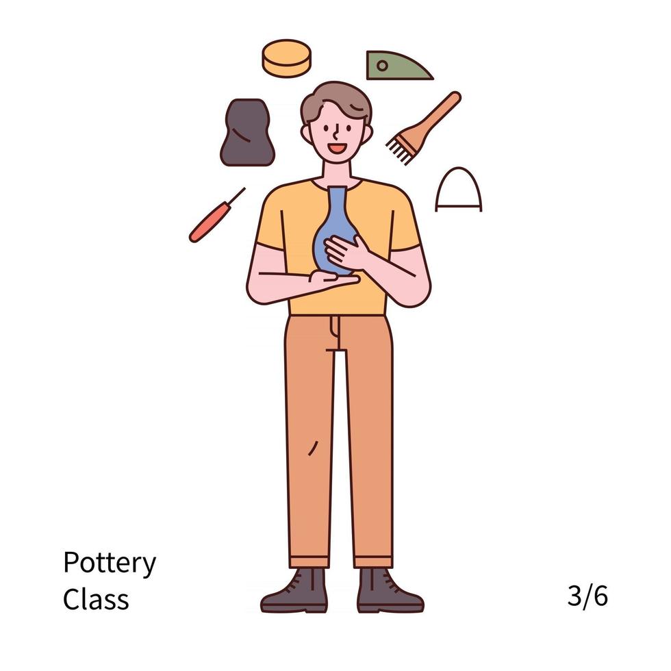 A man is standing holding a pottery. vector