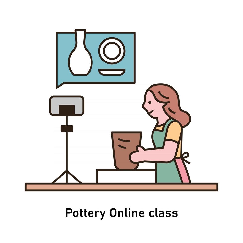 A woman is making pottery while watching an online class vector