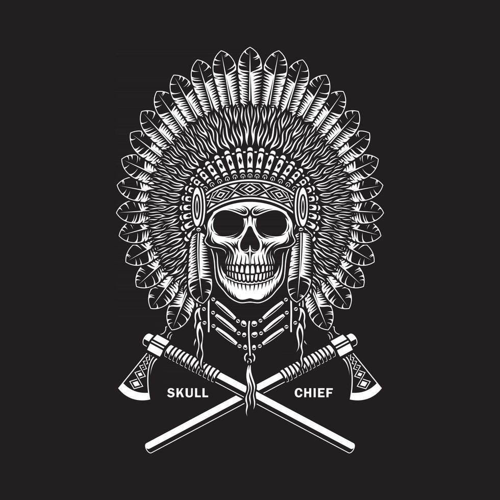 American Indian Chief Skull With Crossed Tomahawks On Black vector