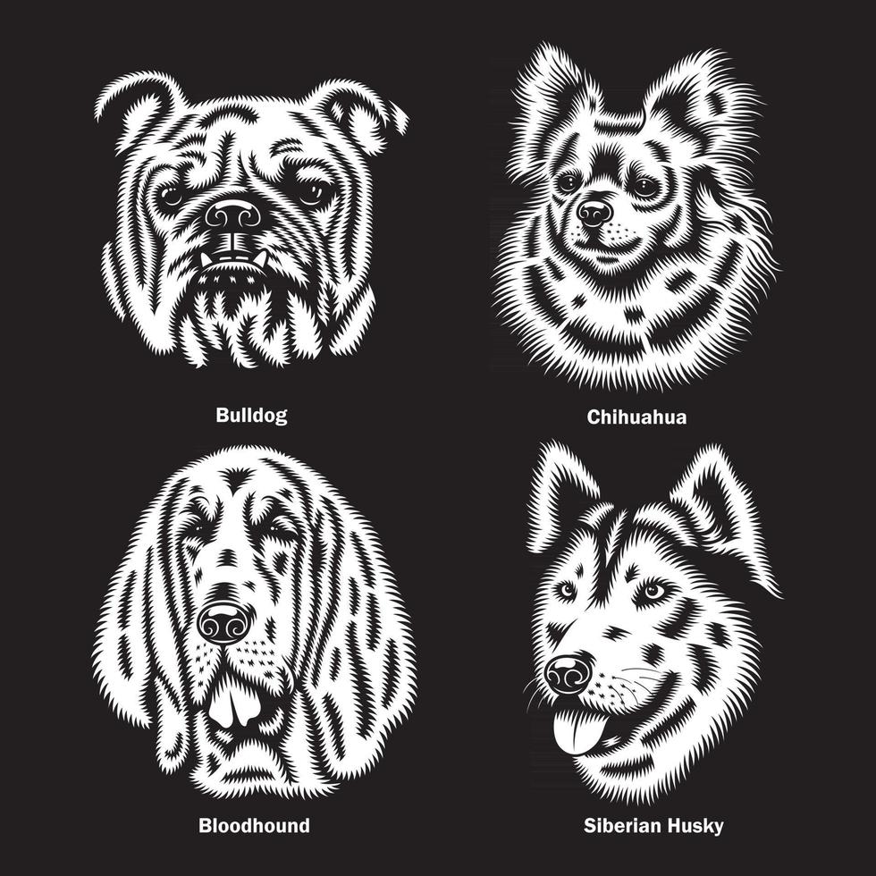 Dog Heads of different Breeds Vector Illustration On Black