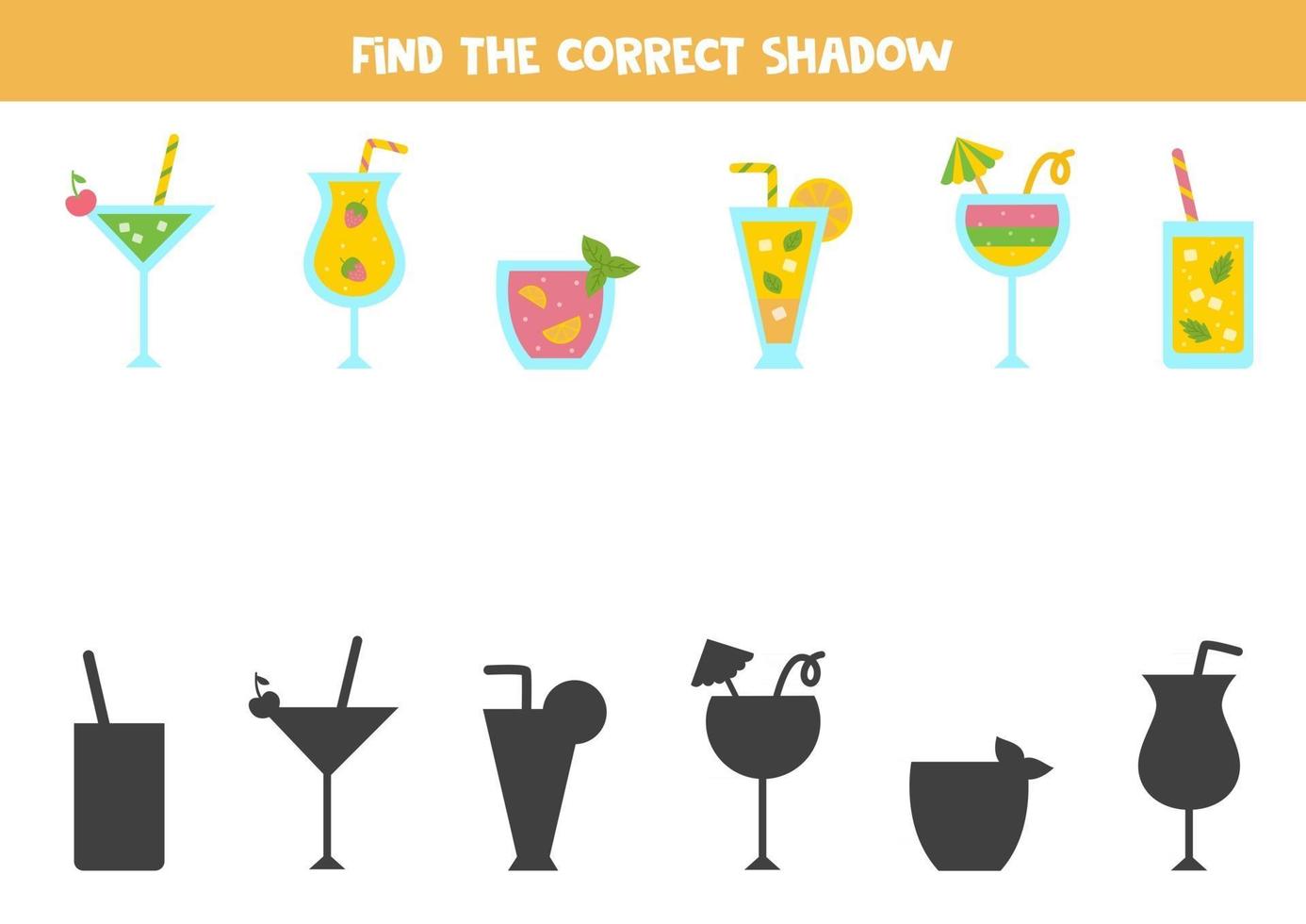 Find the correct shadows of colorful summer cocktails. Logical puzzle vector