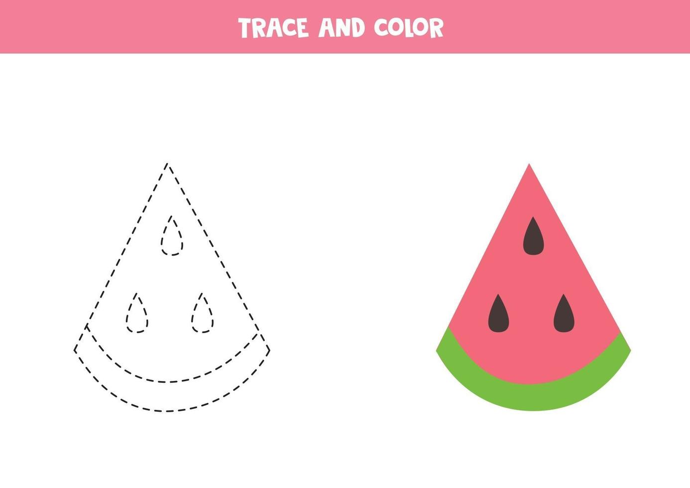 Trace and color cute watermelon slice. Worksheet for kids. vector