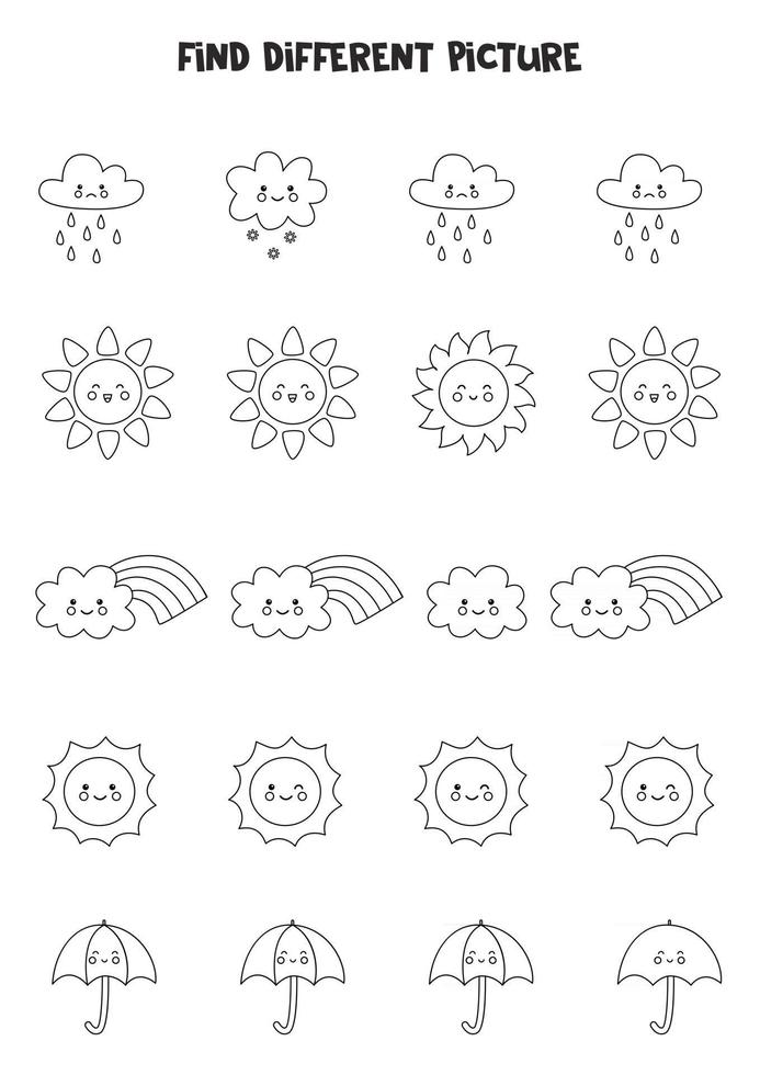 Find weather elements which is different from others. Black and white vector