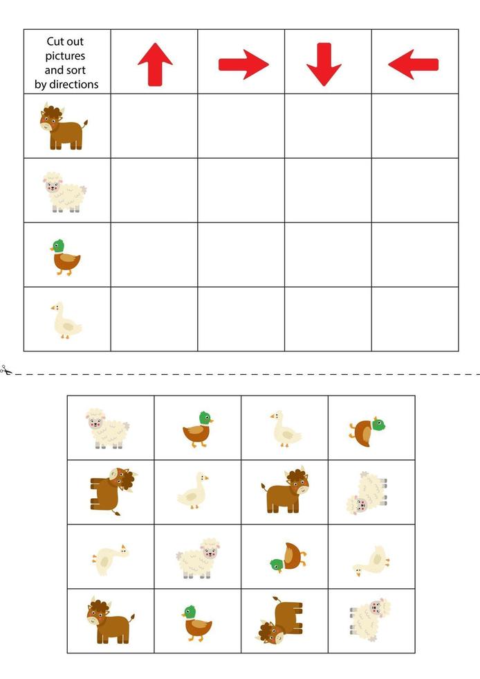 Cut and glue pictures. Left, right, up, down. Cute farm animals. vector