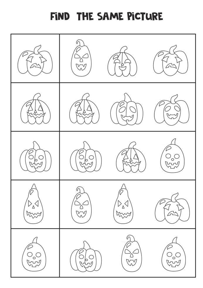 Encuentra dos calabazas de Halloween iguales. hoja de trabajo en blanco y negro. vector