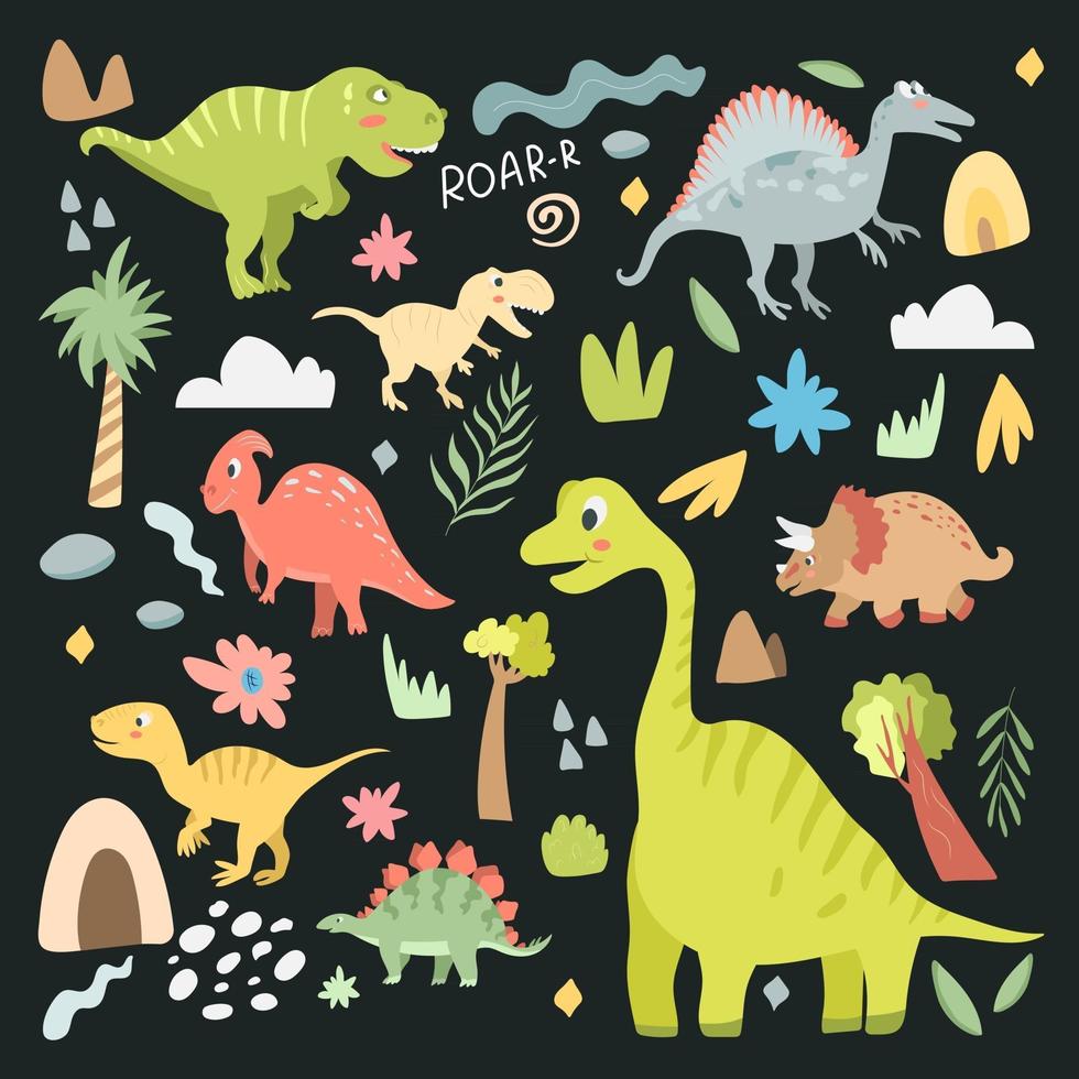 Set of cute carnivorous and herbivorous dinosaurs vector